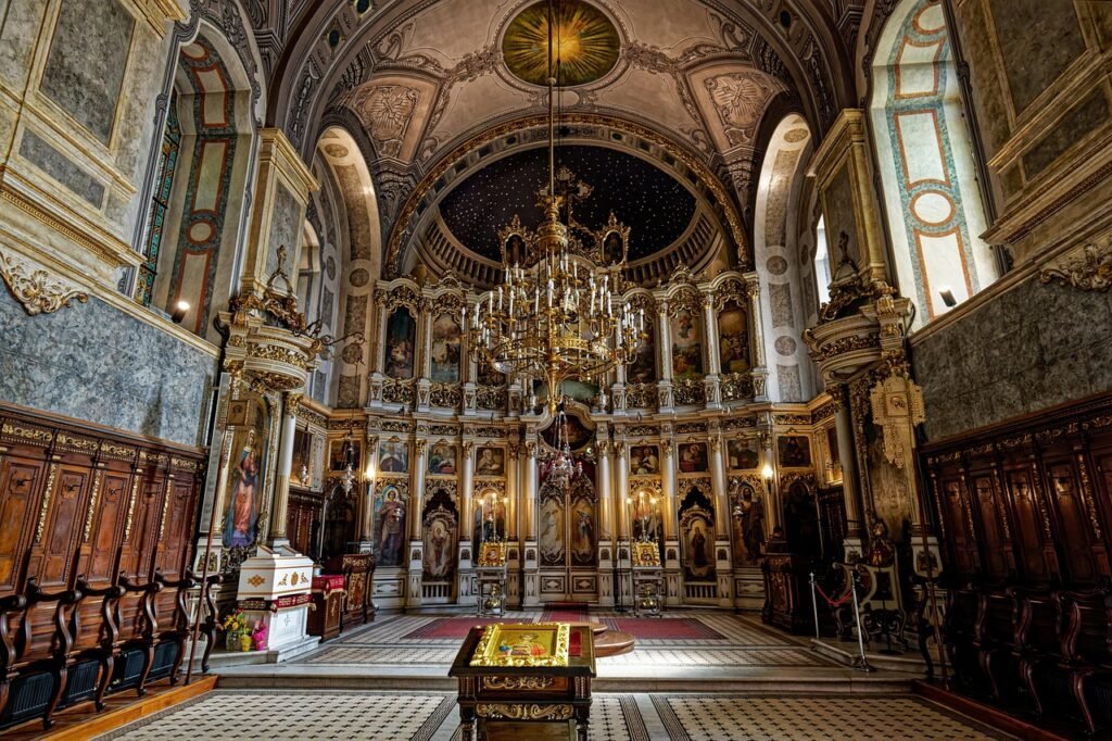 ortodox church, church, religion, architecture, interior, cristian, marble, saint, christ, god, jesus, bible, old, testament, faith, holy, christianity, altar, ceiling, ornaments, decoration, frescoes, chandelier, candles
