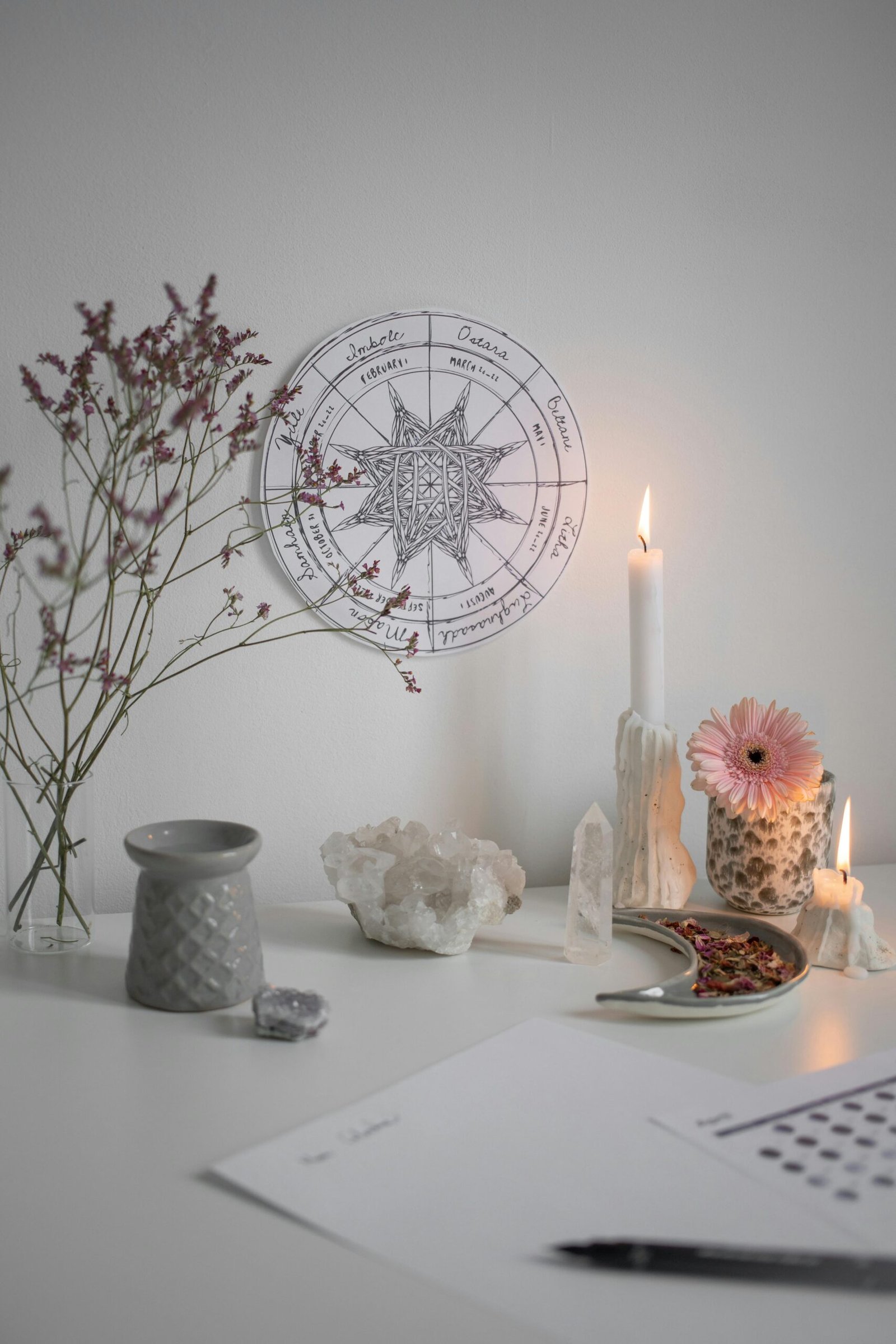 A serene pagan altar with candles, crystals, and a Wheel of the Year chart.