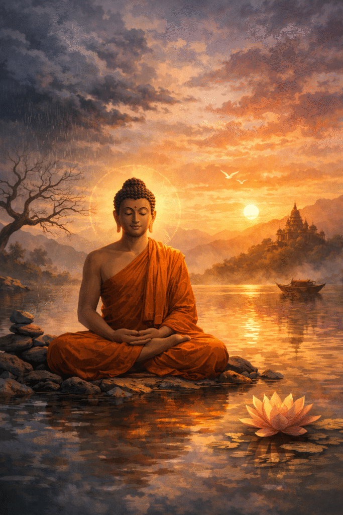 buda meditativo à beira do lago